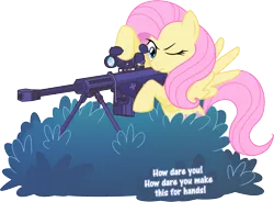 Size: 2625x1935 | Tagged: safe, artist:maishida, derpibooru import, fluttershy, pegasus, pony, barrett, bipedal, bush, female, flutterbadass, gun, hooves, m82a3, mare, one eye closed, optical sight, rifle, simple background, sniper, sniper rifle, snipershy, solo, spread wings, text, transparent background, weapon, wings