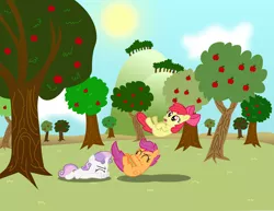 Size: 4000x3091 | Tagged: apple, apple bloom, artist:dtcx97, cutie mark crusaders, derpibooru import, eyes closed, safe, scootaloo, sweetie belle, tree, trio
