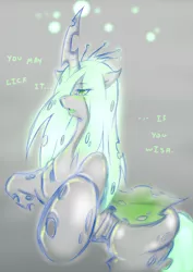 Size: 1280x1810 | Tagged: suggestive, artist:cold-blooded-twilight, derpibooru import, queen chrysalis, changeling, changeling queen, blushing, dialogue, female, fetish, gradient background, hoof fetish, image, jpeg, open mouth, solo