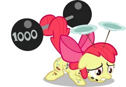 Size: 5000x3488 | Tagged: safe, artist:dtcx97, derpibooru import, apple bloom, earth pony, pony, the cutie pox, 1000, barbell, crouching, cutie pox, female, filly, heavy, plate spinning, simple background, solo, tail hold, transparent background, vector, weight lifting