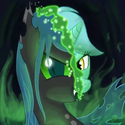 Size: 2550x2550 | Tagged: dead source, safe, artist:lowhitney, derpibooru import, lyra heartstrings, queen chrysalis, changeling, changeling queen, bust, changeling lyra, disguise, disguised changeling, female, fire, high res, image, jpeg, looking at you, portrait, slit eyes, solo, transformation