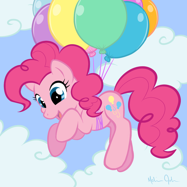 Size: 800x800 | Tagged: safe, artist:nauticaldog, derpibooru import, pinkie pie, earth pony, pony, balloon, cloud, female, floating, looking down, mare, open mouth, sky, smiling, solo, then watch her balloons lift her up to the sky