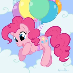 Size: 800x800 | Tagged: safe, artist:nauticaldog, derpibooru import, pinkie pie, earth pony, pony, balloon, cloud, female, floating, looking down, mare, open mouth, sky, smiling, solo, then watch her balloons lift her up to the sky
