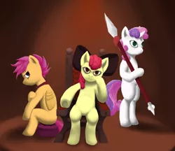 Size: 3830x3304 | Tagged: safe, artist:vicmanone, derpibooru import, apple bloom, scootaloo, sweetie belle, pony, bipedal, cutie mark crusaders, high res, sitting, spear, trio, weapon