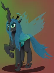 Size: 1723x2324 | Tagged: safe, artist:vicmanone, derpibooru import, queen chrysalis, changeling, changeling queen, female, frown, gradient background, grin, image, png, raised hoof, shadow, smiling, solo, standing
