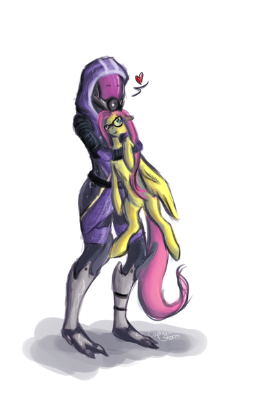 Size: 900x1451 | Tagged: safe, artist:captainstorm, derpibooru import, fluttershy, crossover, cute, glasses, mass effect, tali'zorah vas normandy