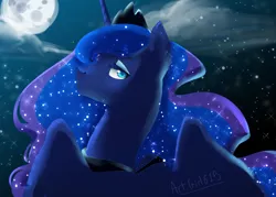 Size: 900x643 | Tagged: safe, artist:artgirl615, derpibooru import, princess luna, alicorn, pony, cloud, female, looking at you, mare, moon, night, solo