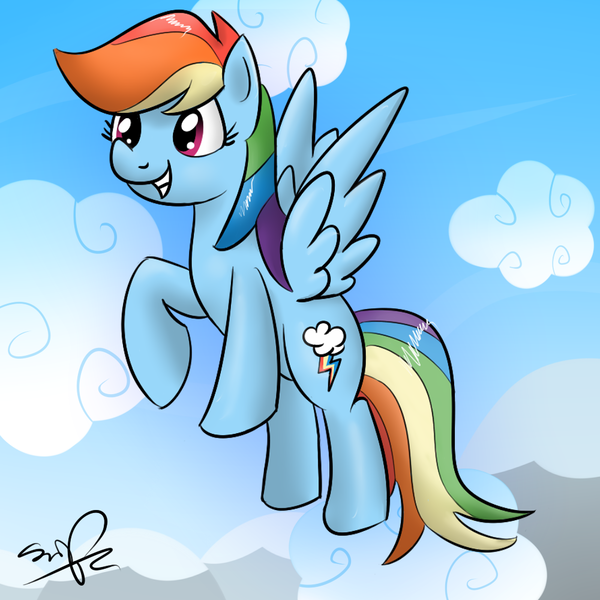 Size: 1000x1000 | Tagged: safe, artist:sirpayne, derpibooru import, rainbow dash, pegasus, pony, cloud, cloudy, female, flying, mare, signature, solo