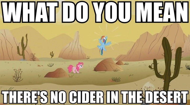 Size: 865x479 | Tagged: safe, derpibooru import, screencap, pinkie pie, rainbow dash, earth pony, pegasus, pony, cactus, caption, cider dash, desert, duo, female, hub logo, image macro, mare, meme, saguaro cactus, that pony sure does love cider