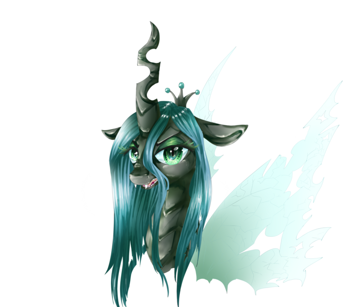 Size: 2600x2200 | Tagged: safe, artist:dream--chan, derpibooru import, queen chrysalis, changeling, changeling queen, bust, fangs, female, floppy ears, frown, high res, image, lidded eyes, looking at you, open mouth, png, simple background, slit eyes, solo, transparent background
