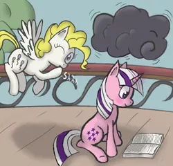 Size: 1280x1228 | Tagged: artist:mostlyponyart, book, cloud, derpibooru import, g1, g1 to g4, generation leap, prank, reading, safe, surprise, twilight sparkle