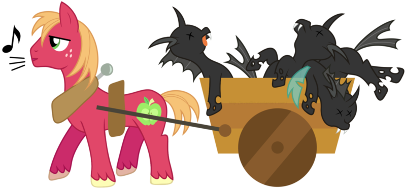 Size: 1024x480 | Tagged: source needed, useless source url, safe, artist:evaxilth, derpibooru import, big macintosh, changeling, earth pony, pony, cart, dead, defeated, good end, male, simple background, stallion, transparent background, vector, whistling, x eyes