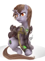 Size: 678x914 | Tagged: safe, artist:xatiav, derpibooru import, oc, oc:littlepip, unofficial characters only, pony, unicorn, fallout equestria, fanfic, battle saddle, clothes, fanfic art, female, hooves, horn, mare, pipbuck, saddle bag, simple background, sitting, solo, vault suit, weapon, white background