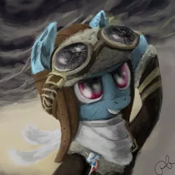 Size: 900x900 | Tagged: dead source, safe, artist:peasantb, deleted from derpibooru, derpibooru import, rainbow dash, pegasus, pony, aviator hat, clothes, cloud, goggles, hat, scarf, solo