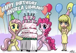 Size: 1000x692 | Tagged: safe, artist:johnjoseco, derpibooru import, fluttershy, pinkie pie, earth pony, pegasus, pony, andrea libman, birthday, cake, food, party, voice actor