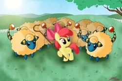 Size: 999x666 | Tagged: safe, artist:willdrawforfood1, derpibooru import, apple bloom, earth pony, mareep, pony, sheep, artifact, crossover, female, filly, flock, pokémon, shepherd, shepherd's crook