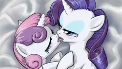 Size: 1920x1080 | Tagged: suggestive, artist:ponyhell, derpibooru import, rarity, sweetie belle, pony, unicorn, age difference, drool, eyes closed, female, foalcon, french kiss, incest, kissing, lesbian, mare on filly, raribelle, shipping, sloppy kissing