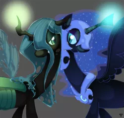 Size: 831x791 | Tagged: safe, artist:radioactive-k, derpibooru import, nightmare moon, queen chrysalis, alicorn, changeling, changeling queen, pony, armor, bedroom eyes, chrysmoon, female, gray background, image, lesbian, looking at each other, mare, png, shipping, simple background