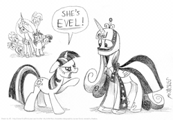 Size: 1072x748 | Tagged: applejack, artist:kturtle, derpibooru import, evel knievel, fluttershy, monochrome, pinkie pie, princess cadance, princess celestia, pun, rainbow dash, rarity, safe, shining armor, twilight sparkle