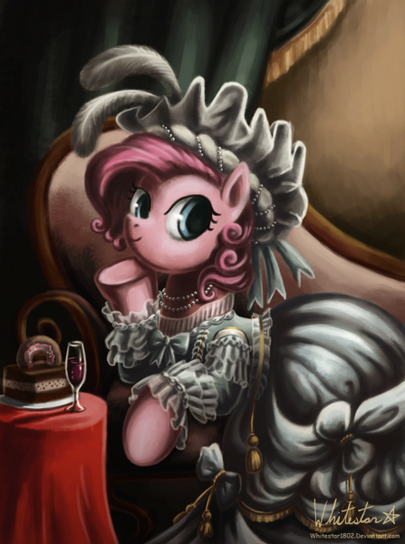 Size: 900x1208 | Tagged: artist:whitestar1802, cake, clothes, couch, derpibooru import, donut, drapes, dress, fancy, feather, hat, marie antoinette, necklace, pearl (object), pinkie pie, safe, smiling, solo, table, victorian, wine, wine glass