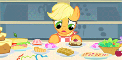 Size: 405x198 | Tagged: a bird in the hoof, animated, applejack, derpibooru import, food, hatless, hors d'oeuvre, indecision, loop, missing accessory, napkin, open mouth, safe, salad, sandwich, screencap, solo