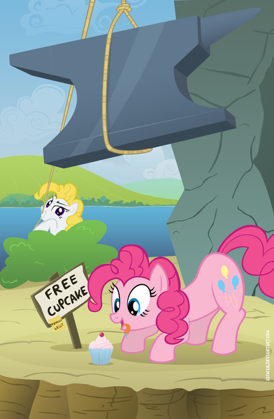 Size: 2008x3071 | Tagged: anvil, artist:adiwan, cupcake, derpibooru import, food, g1, g1 to g4, generation leap, high res, pinkie pie, safe, surprise, there can be only one, trap (device)
