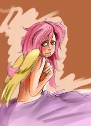 Size: 1450x2000 | Tagged: abstract background, artist:sundown, blanket, blushing, breasts, busty fluttershy, covering, derpibooru import, female, fluttershy, fluttershy sleeps naked, human, humanized, nudity, shy, smiling, solo, solo female, suggestive, winged humanization