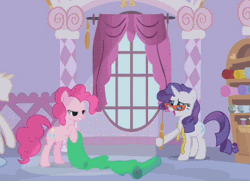 Size: 484x362 | Tagged: animated, bipedal, curtains, derpibooru import, duo, glasses, loop, measuring tape, messy mane, pinkie pie, rarity, rarity's glasses, reversed, safe, screencap, suited for success, sunlight