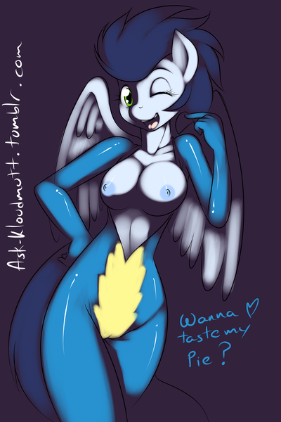 Size: 1280x1920 | Tagged: 30 minute art challenge, anthro, artist:kloudmutt, breasts, busty glide, cameltoe, clothes, derpibooru import, female, glide, nipples, nudity, questionable, rule 63, simple background, soarin', solo, solo female, topless, wonderbolts uniform