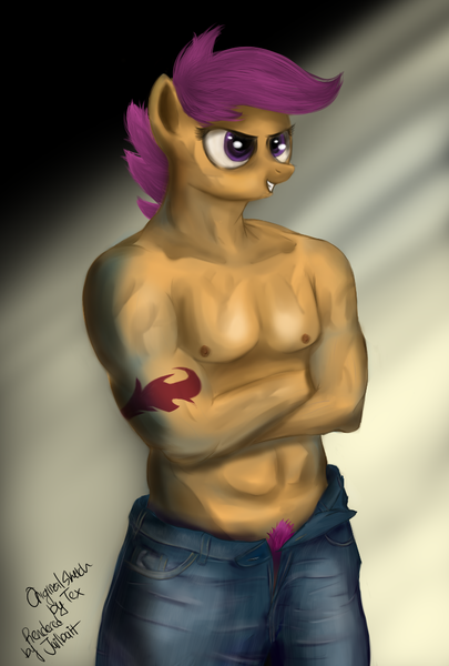 Size: 748x1108 | Tagged: artist:jaibait, derpibooru import, muscles, pubic hair, questionable, rule 63, scootaloo, scootaman, scooteroll, strongaloo