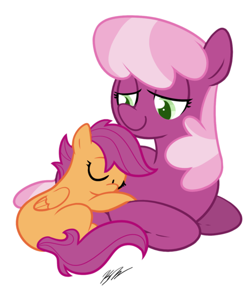 Size: 800x941 | Tagged: dead source, safe, artist:egophiliac, derpibooru import, cheerilee, scootaloo, earth pony, pegasus, pony, duo, duo female, female, filly, mare, scootalove, sleeping