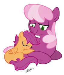 Size: 800x941 | Tagged: dead source, safe, artist:egophiliac, derpibooru import, cheerilee, scootaloo, earth pony, pegasus, pony, duo, duo female, female, filly, mare, scootalove, sleeping