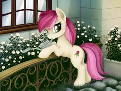 Size: 1600x1200 | Tagged: safe, artist:rainbow, derpibooru import, roseluck, earth pony, pony, female, flower, mare, solo, watering can