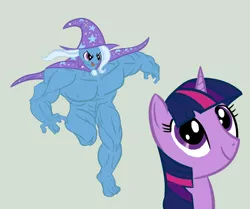 Size: 900x751 | Tagged: safe, artist:anonimounanime, artist:bonus, derpibooru import, trixie, twilight sparkle, anthro, plantigrade anthro, unicorn, abs, female, fetish, grand and muscular trixie, gray background, manly, mare, muscle fetish, muscles, overdeveloped muscles, simple background, this will end in pain, unicorn twilight, wat