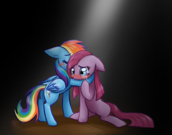 Size: 600x470 | Tagged: artist:mahoxyshoujo, blushing, comforting, crying, derpibooru import, pinkamena diane pie, pinkie pie, plot, rainbow dash, sad, safe