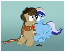 Size: 885x700 | Tagged: artist:julianwilbury, clothes, derpibooru import, doctor whooves, fourth doctor, hat, minuette, minuwhooves, romana, safe, scarf, shipping, time turner