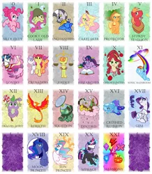 Size: 1236x1415 | Tagged: safe, artist:rannva, derpibooru import, apple bloom, applejack, big macintosh, cherry jubilee, discord, fluttershy, granny smith, philomena, pinkie pie, princess cadance, princess celestia, princess luna, rainbow dash, rarity, scootaloo, shining armor, spike, sweetie belle, tank, trixie, twilight sparkle, zecora, alicorn, draconequus, dragon, earth pony, pegasus, phoenix, pony, tortoise, unicorn, zebra, chocolate, chocolate rain, cloud, cotton candy, cotton candy cloud, cutie mark crusaders, element of generosity, element of honesty, element of kindness, element of laughter, element of loyalty, element of magic, elements of harmony, female, filly, food, major arcana, male, mare, poison joke, rain, sonic rainboom, stallion, tarot card