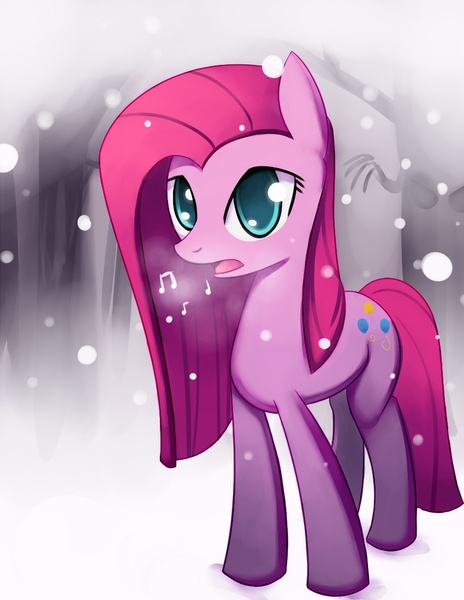 Size: 850x1100 | Tagged: artist:negativefox, derpibooru import, pinkamena diane pie, pinkie pie, safe, singing, snow, snowfall, solo, winter