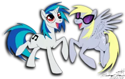 Size: 900x569 | Tagged: safe, artist:grievousfan, derpibooru import, derpy hooves, vinyl scratch, pegasus, pony, unicorn, accessory swap, derp, duo, duo female, female, mare, role reversal, simple background, transparent background