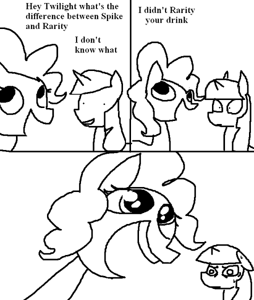 Size: 665x786 | Tagged: semi-grimdark, artist:the weaver, derpibooru import, pinkie pie, twilight sparkle, earth pony, pony, unicorn, bad joke face, comic, derp, dialogue, eye shimmer, female, frown, grin, happy, implied rarity, implied spike, joke, looking up, mare, monochrome, nervous, open mouth, pun, simple background, smiling, sweat, text, unicorn twilight, wat, white background, wide eyes