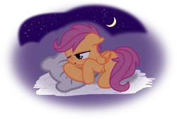 Size: 4828x3253 | Tagged: safe, artist:archonitianicsmasher, derpibooru import, scootaloo, pegasus, pony, cloud, crescent moon, cute, cutealoo, female, filly, lidded eyes, moon, on a cloud, pillow, simple background, sleepy, solo, stars, transparent background, vector