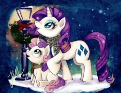 Size: 2500x1932 | Tagged: artist:jabbym, artist:mcl-jessie, christmas, clothes, cute, derpibooru import, diasweetes, duo, raribetes, rarity, safe, scarf, sisters, snow, snowfall, sweetie belle