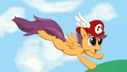 Size: 900x506 | Tagged: artist:demonslyrqt, cap, derpibooru import, flying, hat, mario, mario's hat, nintendo, power-up, safe, scootaloo, scootaloo can fly, super mario 64, super mario bros., wing cap