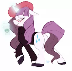 Size: 500x491 | Tagged: safe, artist:rollingrabbit, derpibooru import, rarity, pony, unicorn, beatnik rarity, beret, clothes, eyes closed, female, glasses, hat, levitation, magic, mare, plot, solo, starbucks, sweater, telekinesis