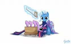 Size: 1680x1050 | Tagged: artist:mysticalpha, box, box sawing trick, cape, clothes, derpibooru import, magic, magic trick, on back, safe, saw, simple background, this will end in tears, trixie, trixie's cape, twilight sparkle, wallpaper, white background