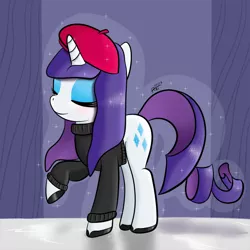 Size: 750x750 | Tagged: safe, artist:ratofdrawn, derpibooru import, rarity, pony, unicorn, beatnik rarity, beret, clothes, eyes closed, female, hat, mare, solo, sweater