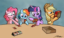 Size: 1000x603 | Tagged: safe, artist:willdrawforfood1, derpibooru import, applejack, pinkie pie, rainbow dash, twilight sparkle, earth pony, pegasus, pony, unicorn, apples to apples, card game, hoof hold, unicorn twilight