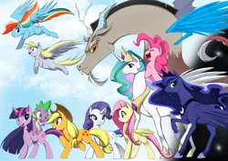 Size: 1000x707 | Tagged: safe, artist:bleedman, derpibooru import, applejack, derpy hooves, discord, fluttershy, pinkie pie, princess celestia, princess luna, rainbow dash, rarity, spike, twilight sparkle, alicorn, draconequus, dragon, earth pony, pegasus, pony, unicorn, cowboy hat, cute, dragons riding ponies, female, flying, hat, jewelry, male, mane seven, mane six, mare, ponies riding ponies, regalia, riding