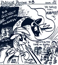 Size: 600x672 | Tagged: safe, artist:theartrix, derpibooru import, mare do well, princess celestia, rainbow dash, twilight sparkle, pegasus, pony, the mysterious mare do well, black and white, crosshatch, crying, ethereal mane, female, grayscale, mare, monochrome, parody, political cartoon, simple background, spear, tyrant celestia, weapon, white background