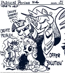 Size: 600x672 | Tagged: safe, artist:theartrix, derpibooru import, princess celestia, smarty pants, sweetie belle, twilight sparkle, alicorn, pony, unicorn, lesson zero, black and white, crosshatch, ethereal mane, female, filly, foal, grayscale, magic, mare, monochrome, parody, peytral, political cartoon, simple background, strawman, telekinesis, tyrant celestia, want it need it, white background